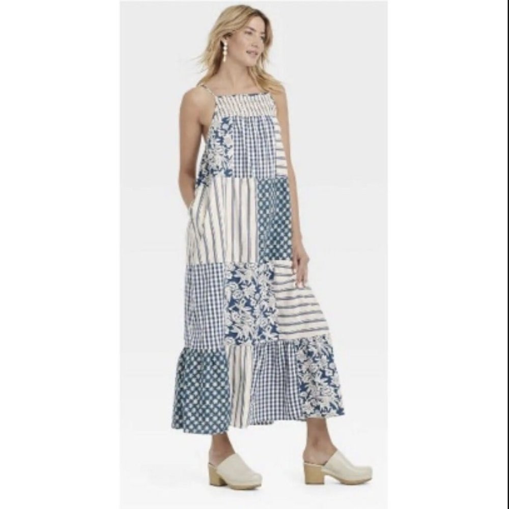 Women's Sleeveless Tiered Dress - Universal Thread Blue Patchwork